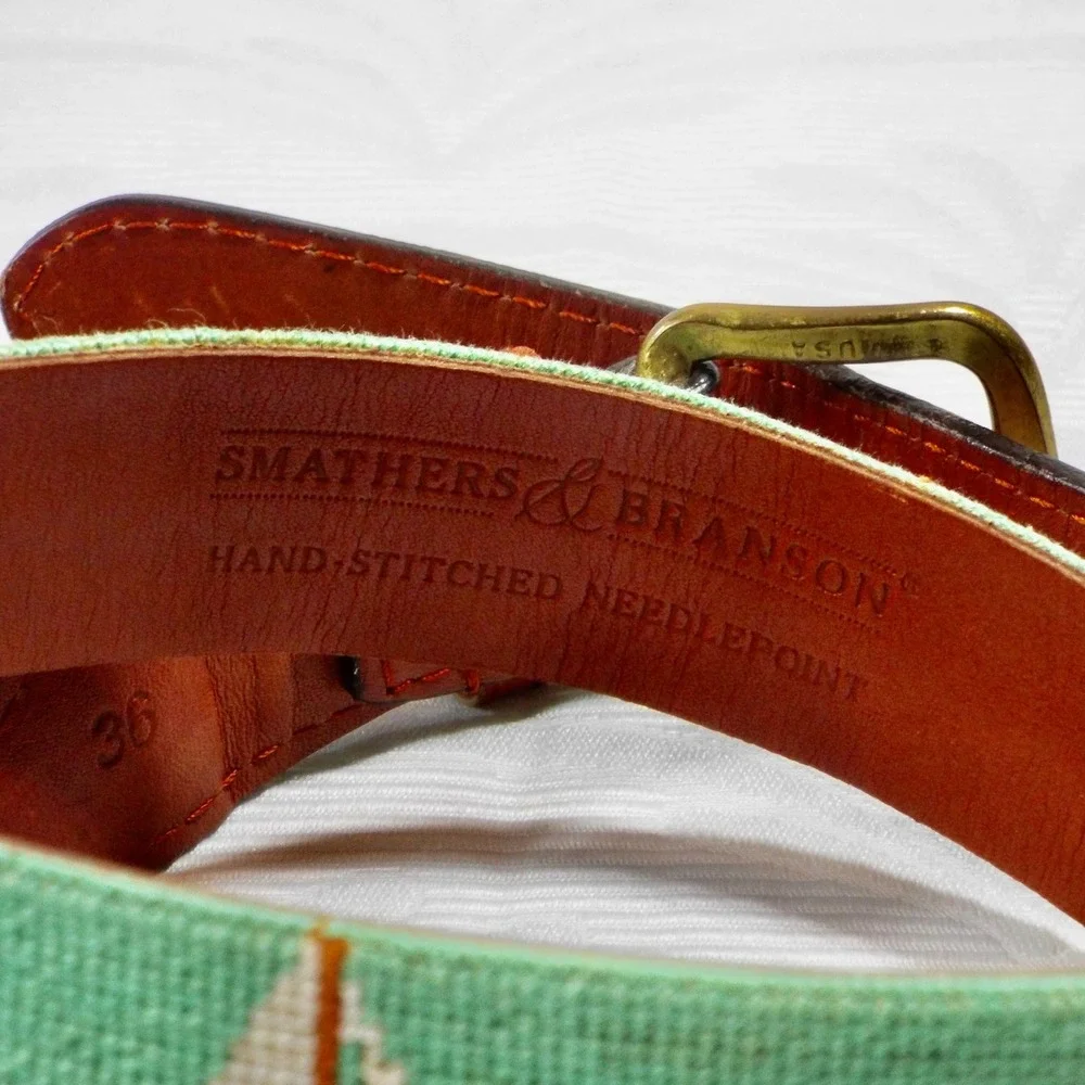 Smathers & Branson Mens Sailboat Needlepoint Belt Green Leather Brass Size 36